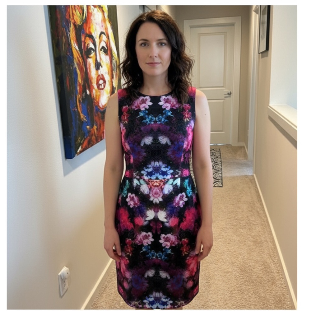 Betsy Johnson Floral Print Scuba Dress Neon Punk Purple - Picture 2 of 12